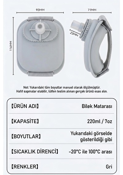 Giyilebilir Silikon Bilek Matarası Fitness Koşu İçin Uygun 220 Ml Gri