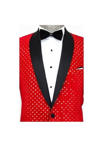 Wessi Nokta Desenli Slim Fit Kırmızı Erkek Smokin Ceket Kırmızı