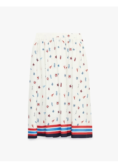 Koton Beli Lastikli Desenli Pamuklu Midi Kloş Etek Ekru Desenli 6skg70154aw