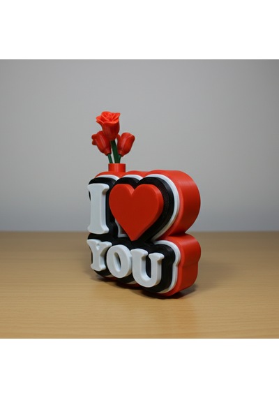 I Love You Yazılı Güllü Dekoratif Figür - Sevgililer Günü Özel Hediyelik 3d Pla Masaüstü Obje 10,6x9,7 Cm