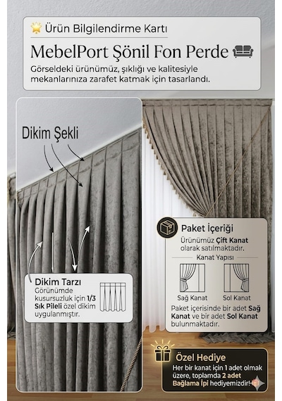Şönil Fon Perde Çift Kanat 1/3 Sıklık Püsküllü Mor