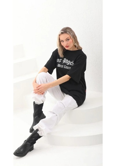 Kadın Baskılı Tişört Kısa Kol Bisiklet Yaka Oversize T-shirt - Siyah
