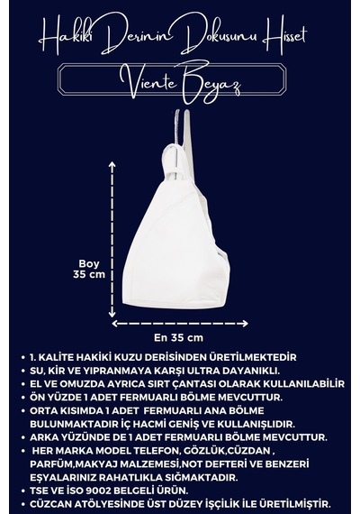 Viente Beyaz Hakiki Deri Kadın El Omuz Ve Sırt Çantası Beyaz