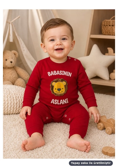 Ferasty İstanbul Erkek Bebek Tulum Babasının Aslanı Nakışlı Kırmızı