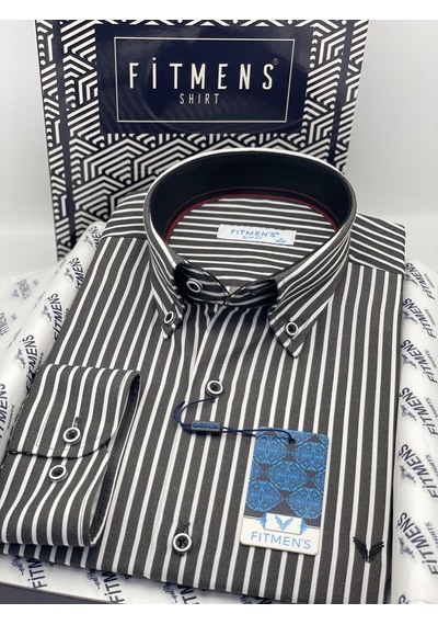 Slim Fit Uzun Kol Premium Kalın Çizgili Yaka Düğmeli Hediye Kutulu Kolay Ütülenebilir Erkek Gömlek Fs-001375 - Siyah-1487