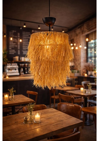 Hasır Avize 45x30 Cm 2 Katlı Bohem Doğal El Yapımı Cafe & Salon Led Uyumlu SARI