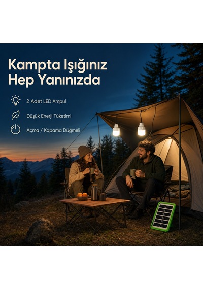 6v 3.5w Solar Panel Sistemli Taşınabilir Aydınlatma Seti 2 Led Ampullü Kamp Lambası