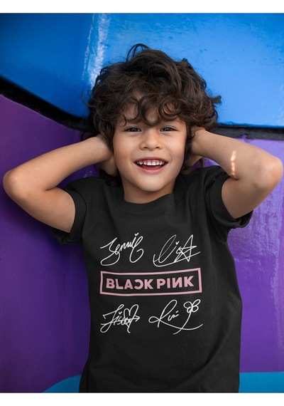 Sevbano Black Pink Müzik Grubu Baskılı Unisex Çocuk Tişört 1-12 Yaş Siyah