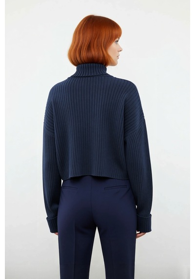 Ersefa Kadın Oversize Super Crop Balıkçı Yaka Kışlık Triko Kazak Uzun Ko Indigo