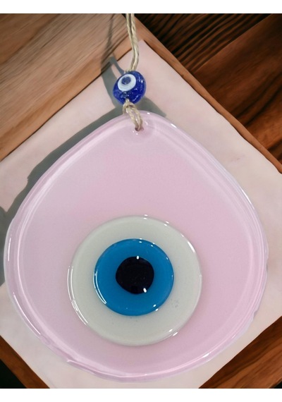 Mavi Nazar Boncuklu Pudra Pembe Renk Nazar Boncuklu Damla Desen El Yapımı Duvar Süsü