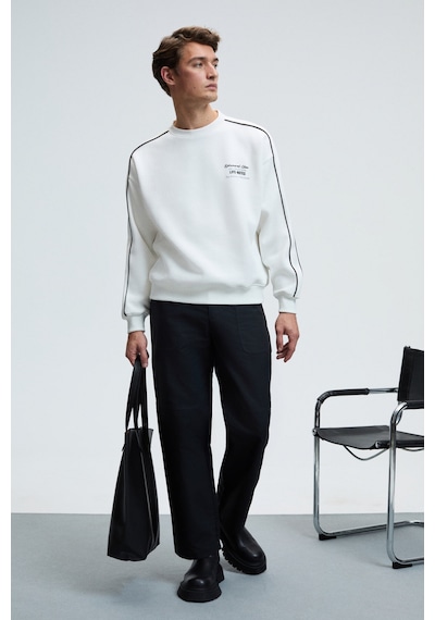 Grimelange LEIF Erkek Kolları Biyeli Önü Baskılı Yuvarlak Yaka Oversize Ekru Sweatshirt