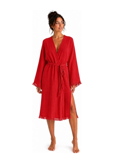 Bohemia Müslin Kimono Bornoz Püskül Detaylı Yırtmaçlı Spa & Plaj Kimonosu Kırmızı