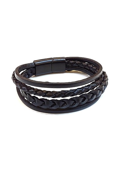 Black Multi Braid Çok Katmanlı Örgü Detaylı Siyah Erkek Deri Bileklik-1414 Antrasit