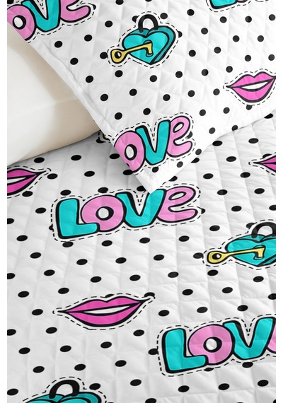 Pop Art Puantiyeli Genç Odası Tek Kişilik Pike Takımı-turkuaz Pembe 160x220 Cm Kapitone Yatak Örtüsü Mor