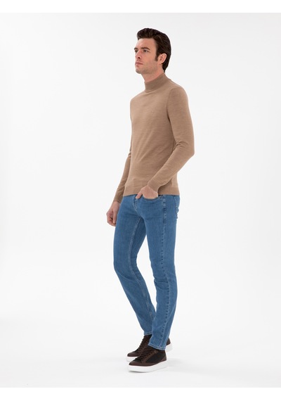 Cacharel Camel Slim Fit Yün Karışımlı Yarım Balıkçı Yaka Basic Triko Kazak Kahverengi