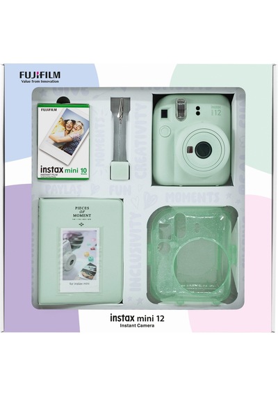 Fujifilm Instax Mini 12 Fotoğraf Makinesi + 10'lu Film + Simli Pleksi Kılıf + Pvc Albüm + Kıskaçlı Resim Standı Yeşil