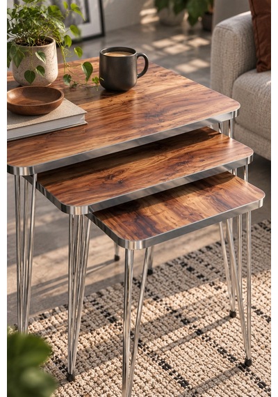 Sulorahome Zigon Sehpa Takımı Ceviz Desenli Kahverengi Ve Gümüş Metal Ayaklı