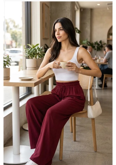 Bordo Bol Paça Rahat Pantolon Siyah