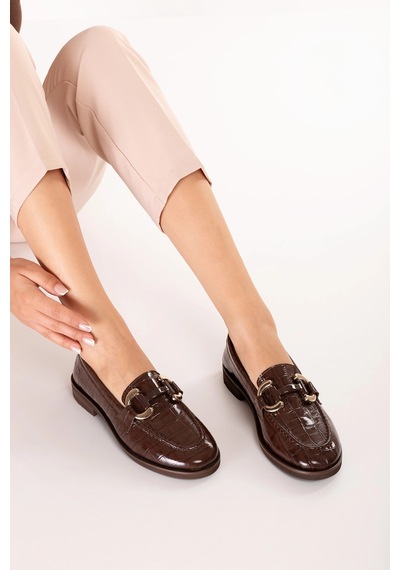 Gondol Kadın Hakiki Deri Tokalı Loafer Ayakkabı Crm.181 Kahve Croco