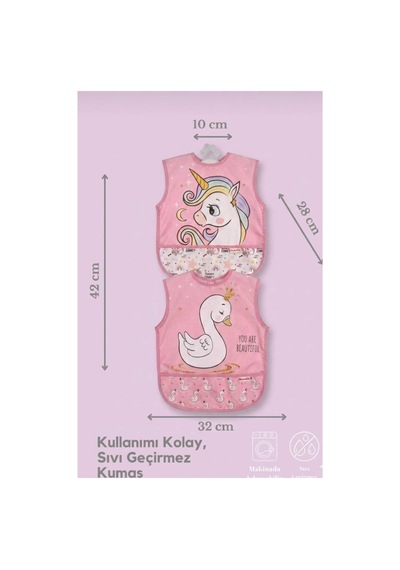 Bebek Pembe Desenli Leke Tutmaz Figürlü Mama Önlüğü Sıvı Geçirmez Önlük Pembe
