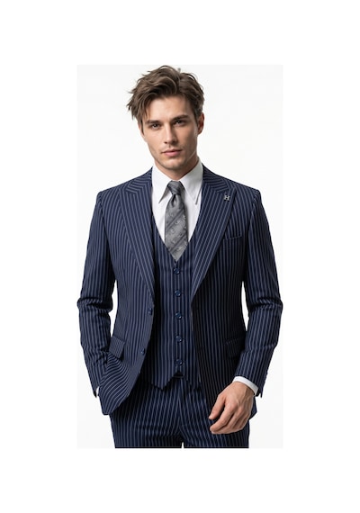 Hermose Sartorial Gece Mavisi Çizgili Yelekli Takım Elbise Mavi