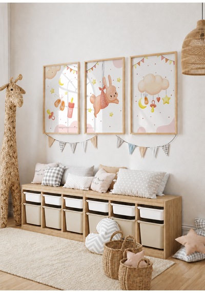3'lü Bebek Odası Dekoratif Poster Tablo Ahşap Çerçeveli