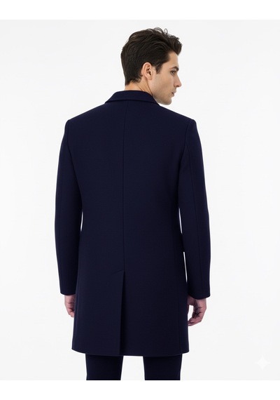Süvari Slim Fit Sivri Yaka Erkek Koyun Yünlü Kaban Lacivert