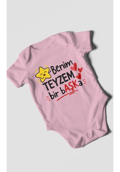 Morivokids Benim Teyzem Bir Başka Kısa Kollu Bebek Body %100 Pamuk Koyu Pembe