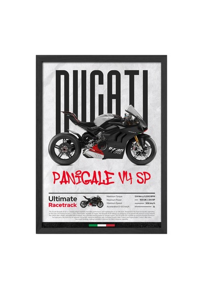 Ducati Panigale V4 Sp Siyah Ahşap Çerçeveli Poster, Dekoratif Motosiklet Duvar Tablosu Çok Renkli