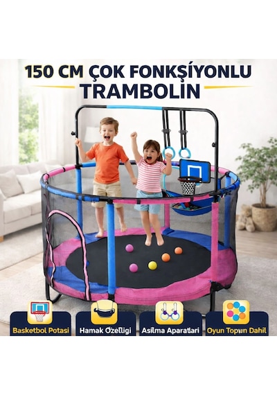 CKSpor 150 Cm Çocuk Trambolini Fileli Büyük Boy Çok Fonksiyonlu Basket Potası Ve Hamaklı 150 CM