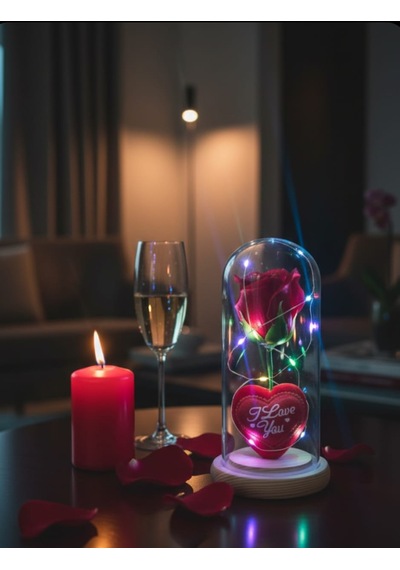 Işıklı Kalpli Güllü Özel Cam Fanus Seni Seviyorum Yazılı Ledli 17 Cm Kırmızı