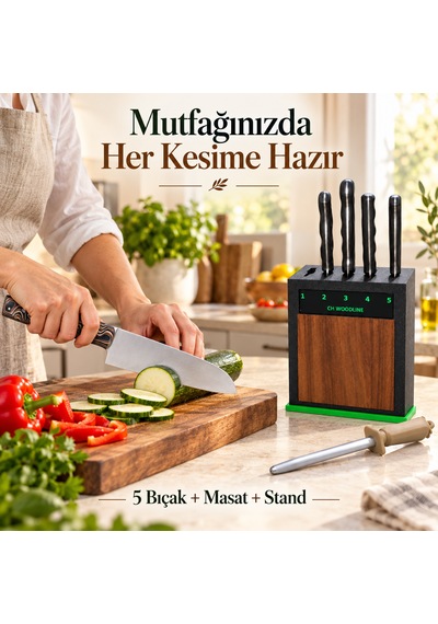 Ch Woodline 4116 Alman Çeliği 5 Li Şef Bıçak Seti, Ceviz Ön Yüzlü Stand Ve 22 Cm Masat çok renkli