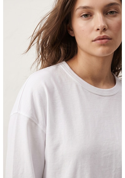 Elemge %100 Pamuk Süprem Oversize Kadın Uzun Kollu T-shirt Compact Penye Tok Yumuşak Kumaş Bol Kesim Nefes Alan Terletmez Yapı Basic Beyaz Tişört