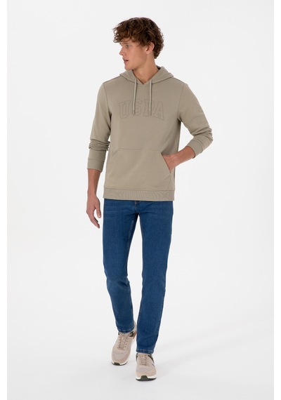 U.S. Polo Assn. Erkek Regular Fit Kapüşonlu Açık Haki Basic Sweatshirt 50315663-VR183