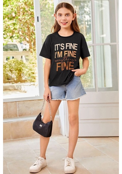 Uyguntarz Çocuk Fine Baskılı Pamuklu Tshirt Siyah