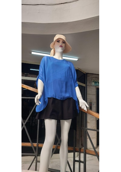 Bohem Stil İtalyan Yarasa Kollu İpek Bluz Saks Mavi