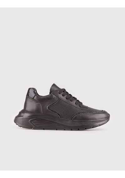 Hakiki Deri Siyah Bağcıklı Kadın Sneaker Spor Ayakkabı Siyah