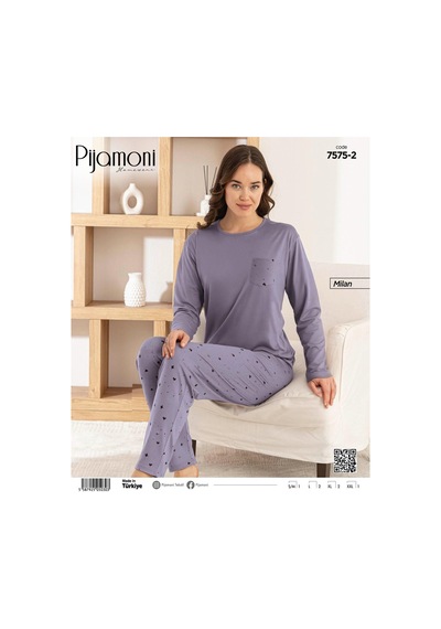 Pijamoni Kadın Milan Bisiklet Yaka Uzun Kol İnce Pijama Takımı 7575/2 - 1 Adet Lila