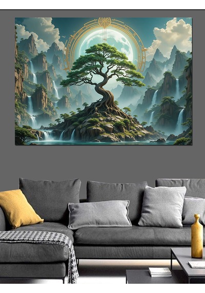 Dağlar Arasında Bonsai Ağacı Dekoratif Kanvas - Mdf Ahşap Tablo