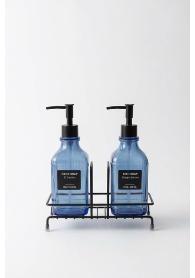 Makri Home Modern Çizgili Desenli Cam Ikili Sıvı Sabunluk & Deterjanlık Seti, Mavi - 500 Ml Cam Sabunluk Mavi