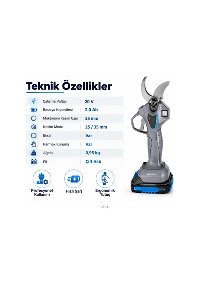 Algaride 20v Akülü Budama Makası 35 Mm Çift Akülü 2.0ah Bataryalı Dijital Ekranlı Profesyonel Dal Budama