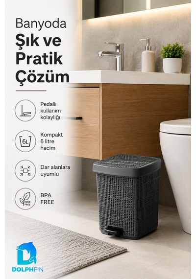 Jute Pedallı Çöp Kovası Kapaklı Banyo Mutfak Wc Ofis Atık Kovası 23x23x26 Cm Siyah