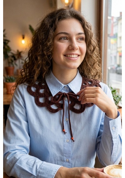 Bb Bibutikshop Kahverengi El Örgüsü Fiyonk Bağcıklı Takılabilir Yaka Vintage Dantel Model Renkli