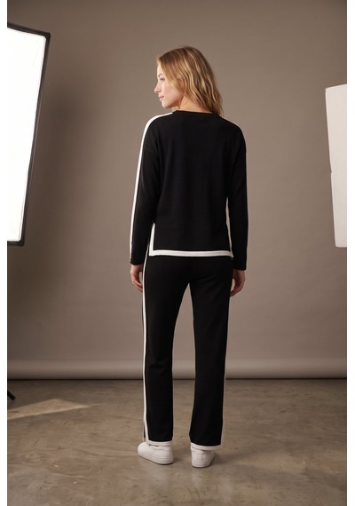 Soulshae Yan Şeritli Yırtmaçlı Bluz & Pantolon Takım Siyah