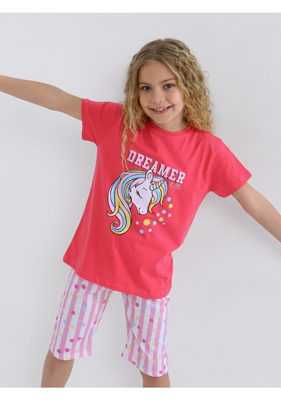 Kız Çocuk Kısa Kollu Kapri %100 Pamuklu Pijama Takımı Dreamer Girl Fuşya