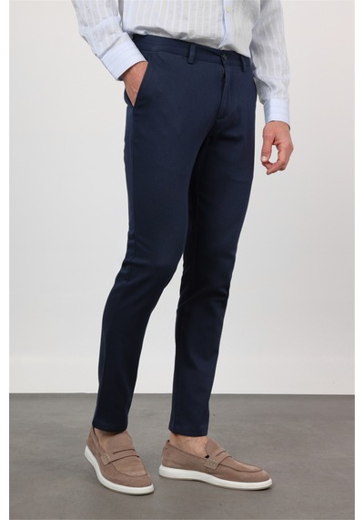 İmza Koyu Lacivert Yan Cep Düz Paça Armürlü Slim Fit Pamuklu Chino Pantolon 1003260161