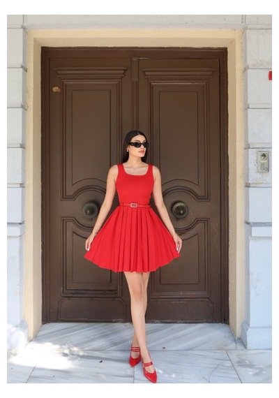 Kechi Woman Double Kumaş Pileli Mini Elbise Kırmızı