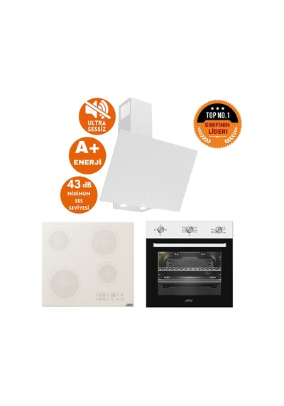 Afm Tech Ve Ferre Flume Sessiz Elektrikli Vitro Beyaz D078-SA + V5-04 + FM7301 Ankastre Set