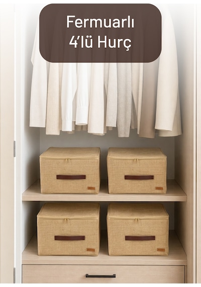 4'lü Orta Boy Koltuk Baza Yatak Altı Uyumlu Gerçek Jüt Kumaşlı Kulplu Extra Destekli Hurç Organizer Set Kahverengi