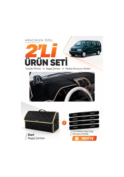 E-biz Mercedes Vıto W638 1996-2003 Uyumlu Torpido Örtüsü + Deri Bagaj Çantası - Siyah-bej - Mb024